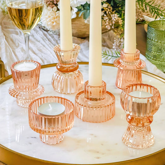 Kate Aspen - Vintage Ribbed Glass Rose Gold Candle Holders Set