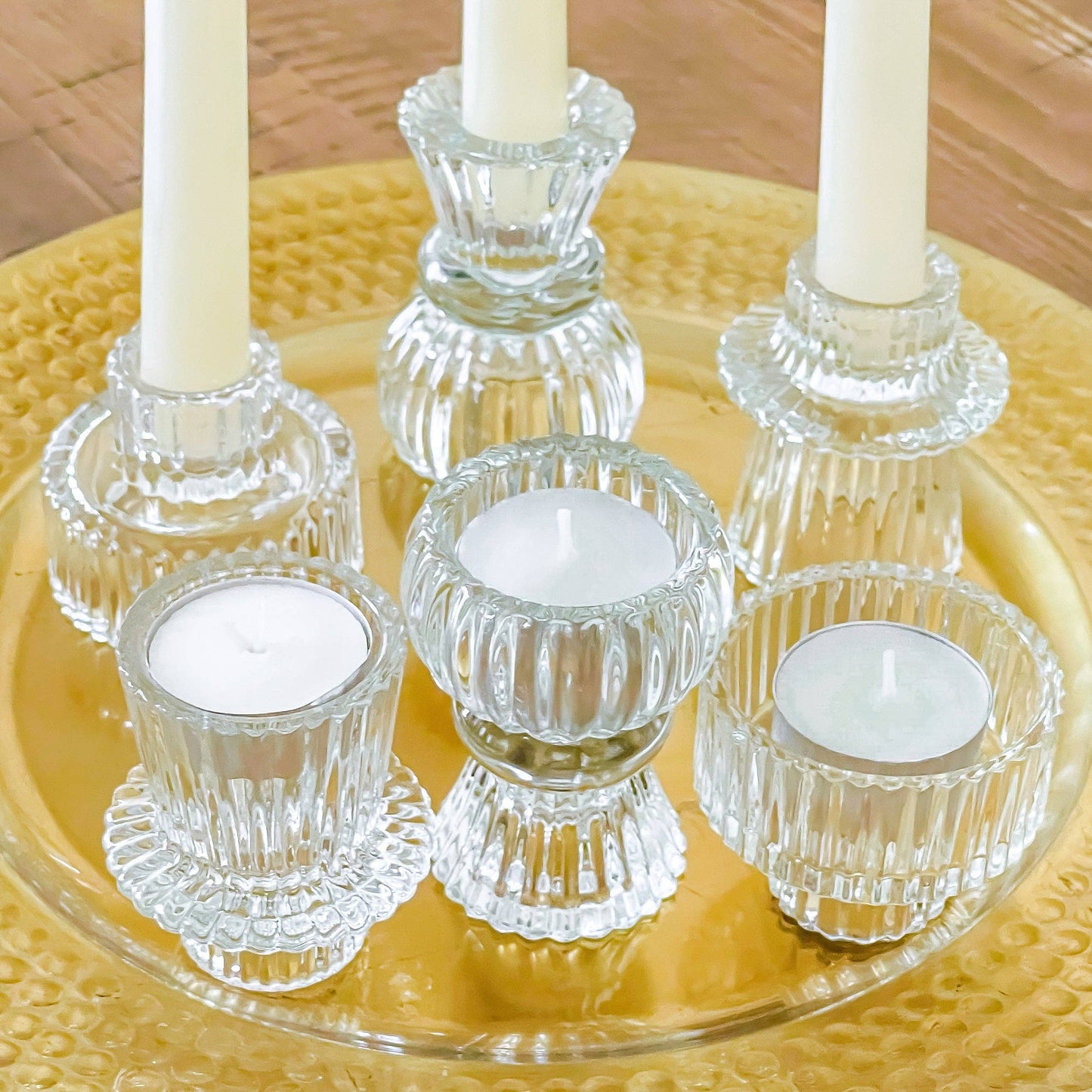 Kate Aspen - Vintage Ribbed Glass Clear Candle/Candlestick Holder Set