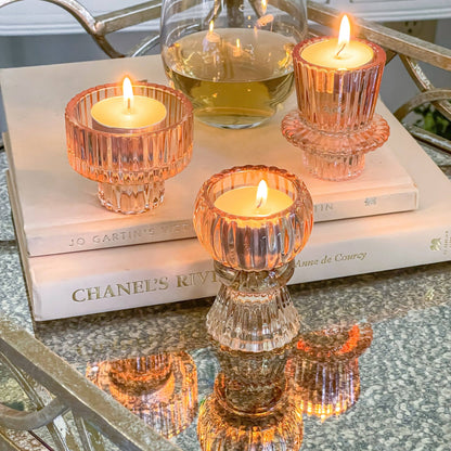 Kate Aspen - Vintage Ribbed Glass Rose Gold Candle Holders Set